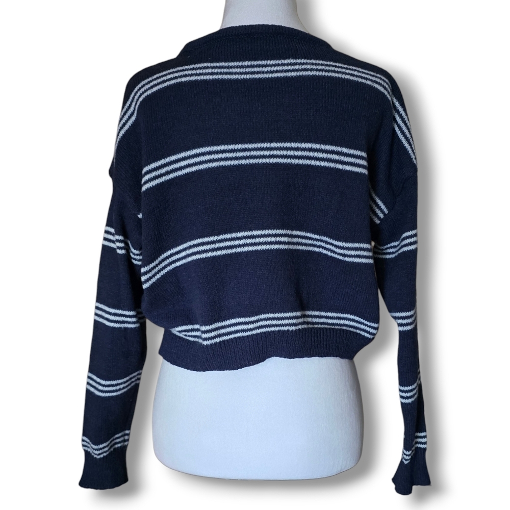 Romwe Navy Blue Striped Cropped Oversize Sweater - Size Small - Picture 3 of 7